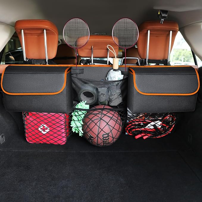 Deluxe Trunk Organizer for Car Small SUV, Backseat Hanging Trunk Organizer, Waterproof Collapsible Car Storage Bag with 6 Pockets, Reinforced No-Sag Design (Orange, Compact & Mid Size SUV)
