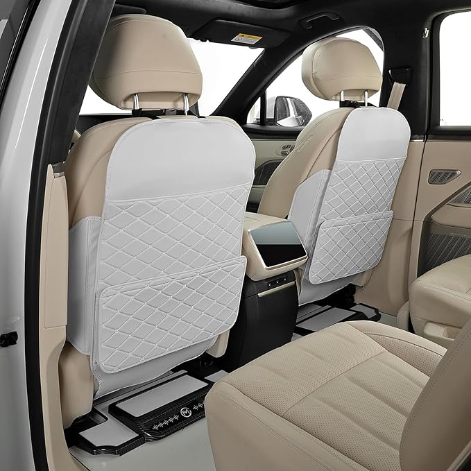 TAIKOO Seat Back Protector + Large Capacity Pocket Storage Organizer,Protects car seats from being stepped,2 Pack Kick Mats.(Cream White)