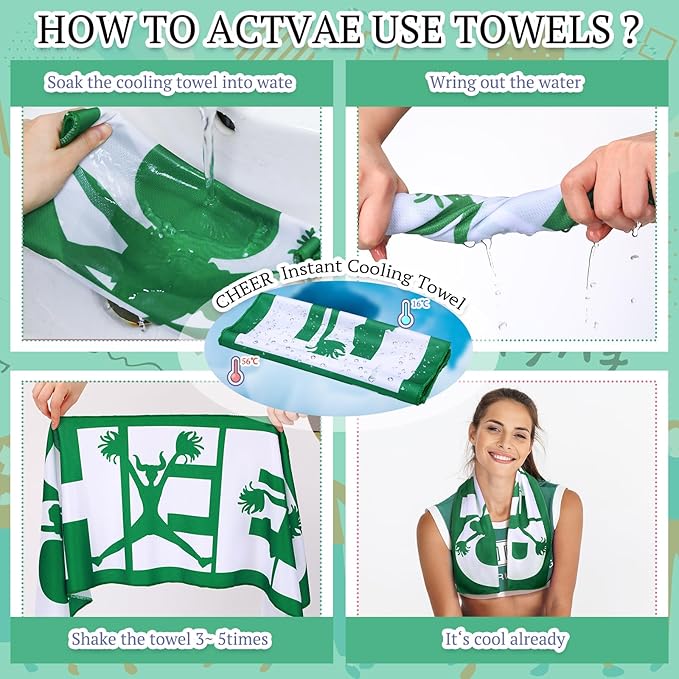 12 Pcs Cheerleader Cooling Towel Cheer Gifts Bulk for Team Cheer Sports Gifts with Bags 40" x 12" Breathable Chilly Microfiber Cooling Towel for Yoga Sport Gym Party Favor (Green)