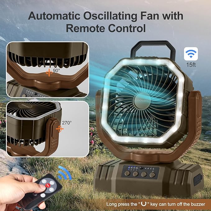 Odoland Portable Camping Fan with LED Lantern, 20000mAh Rechargeable Battery Powered Fan with Auto Oscillation, Timer, Remote, 360° Rotation Hook, 4 Speeds for Power Outage Travel Home,Brown