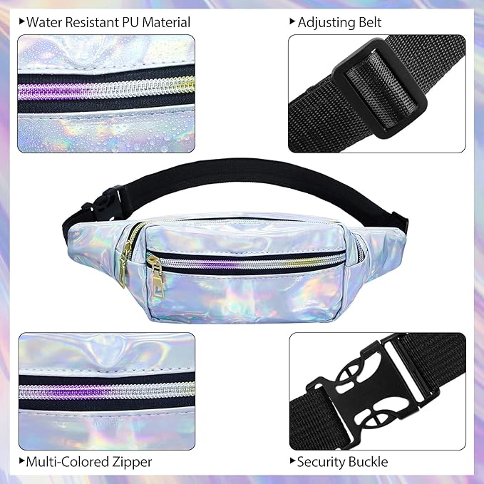 16 Pcs Fanny Packs for Women Holographic Fanny Pack Bulk 80s 90s Shiny Waist Bag Metallic Color with Adjustable Belt(Elegant Style)
