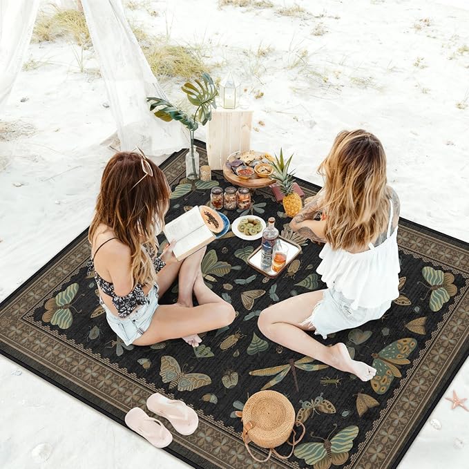 Butterfly Picnic Blankets Waterproof Foldable, 80″X80″ Extra Large Picnic Mat Outdoor Blanket for Grass,Vintage Packable Beach Blanket Sandproof Picnic Accessories for Camping Music Festival Park Lawn