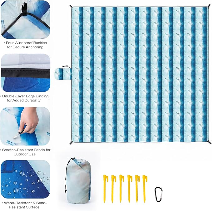 OIGAE Family Beach Blanket, 7×8 ft Sand-Free Picnic Mat for 1–4 People, Quick-Dry Lightweight Outdoor Blanket with Stakes & Corner Pockets, Drift Bottle