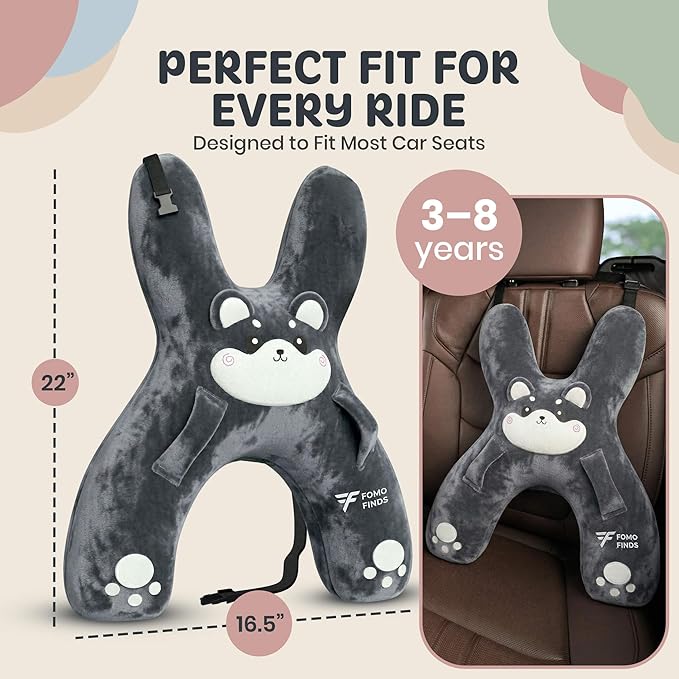 Kids Car Sleeping Pillow - H-Shaped for Neck & Back Support - Hands & Seat Belt Slot - Machine Washable & Compressible - Perfect for Car, Plane, Train, Boat & More - Grey