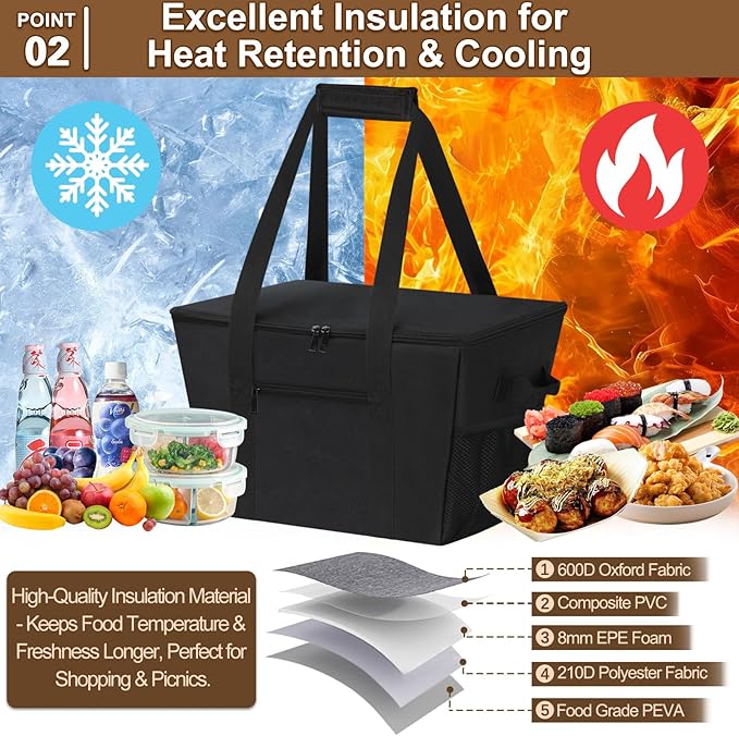 Reusable Grocery Bag – Expandable Insulated Cooler Bag with Bottom Board, Collapsible Insulated Shopping Bag with Zipper & Drawstring, Heavy Duty Tote Bag for Shopping, Delivery, Picnic, Beach