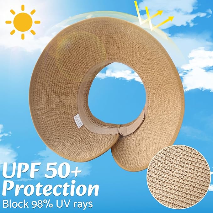 NPQQUAN Sun Visor Hats for Women Wide Brim Ponytail Straw Beach Hat Packable Foldable UPF 50+ Floppy Travel Hats