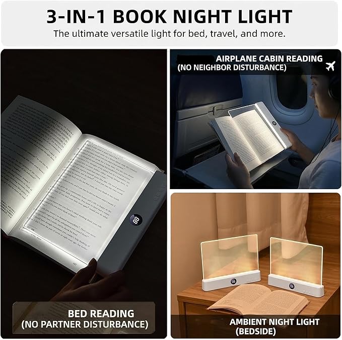 Book Light for Reading in Bed at Night, Rechargeable Flat Book Light with 3 Color Modes & Timer, Dimmable Full Page Light, Clear LED Page Reading Light for Travel (White)