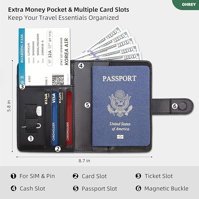 Passport Holder for Travel with Luggage Tag Cover – RFID Blocking Passport Wallet for Women & Men | Leather Passport Cover/Passport Case with Extra Money Pocket & Magnetic Clasp – Black
