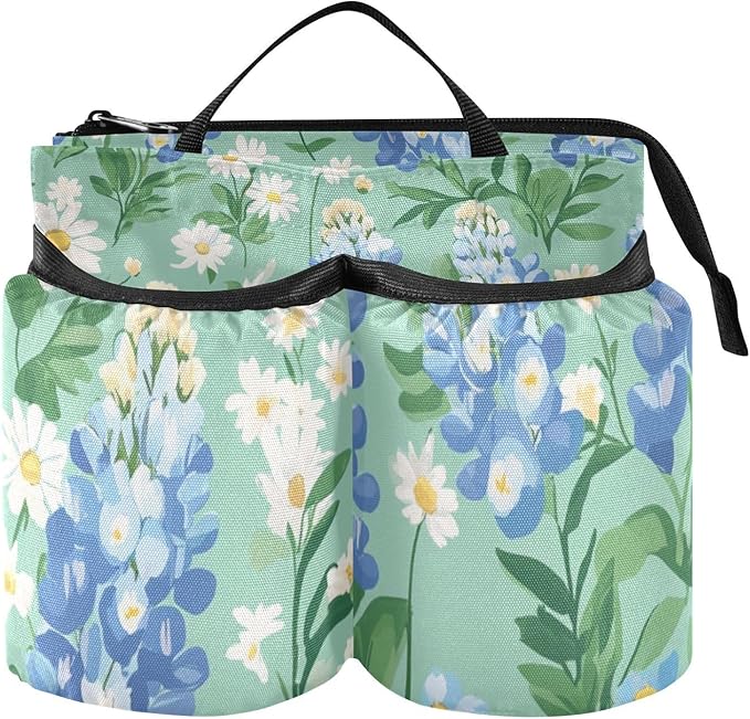Luggage Cup Holder for Suitcases Free Hands Suitcase Cup Holder Travel Luggage Drink Holder Portable Luggage Cup Caddy Bag Carrier with Handle Mint Green Bluebonnet and Daisies