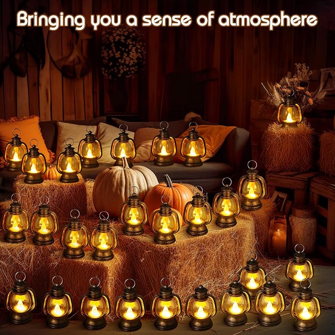 Ferraycle 48 Pcs Mini Lantern Decor 4 Inch Western Lantern Table Centerpiece Small Vintage Camping Hanging Lamp Ornaments Bulk for Cowboy Cowgirl Wedding Halloween Christmas (4 Inch,Retro Gold)