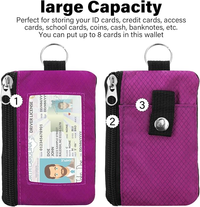 Minimalist RFID Wallet with Lanyard, Multi-Functional ID Case with 2 Zipper Pockets and Key Chain for Men and Women, Tactical Badge Pouch Cards Holder, Coin Purse for Travel Sports - Rose
