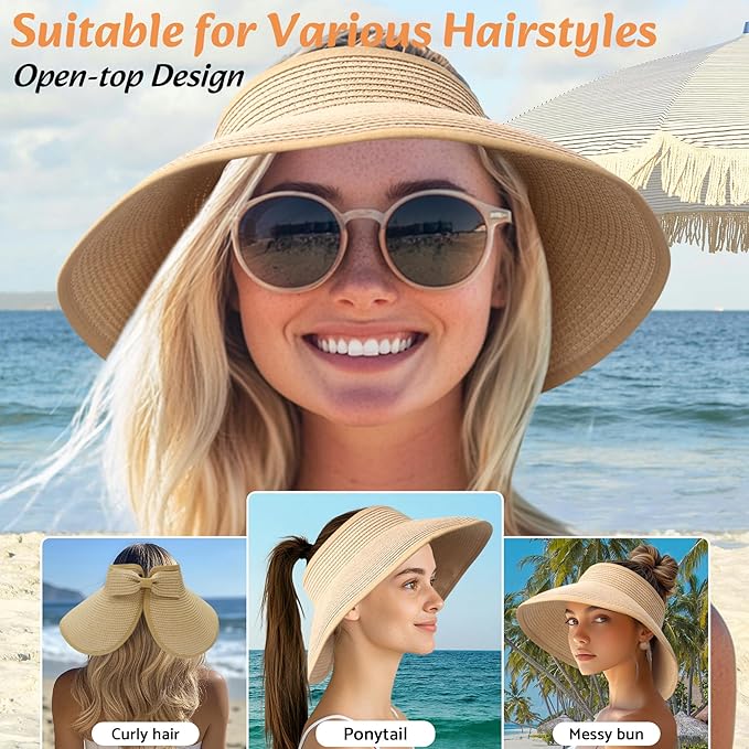 NPQQUAN Sun Visor Hats for Women Wide Brim Ponytail Straw Beach Hat Packable Foldable UPF 50+ Floppy Travel Hats