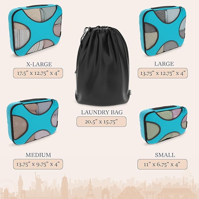 Shacke 5 Set Packing Cubes for Travel – Luggage Organizer & Suitcase Bags with Laundry Bag, Carry On Packing Organizer, Travel Accessories for Women Men (Aqua Teal)