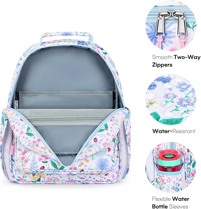 mibasies Kids Backpack for Girls: Girls Backpack 5-8 - Kindergarten Elementary School Bookbag for Girl - Floral Sky Blue