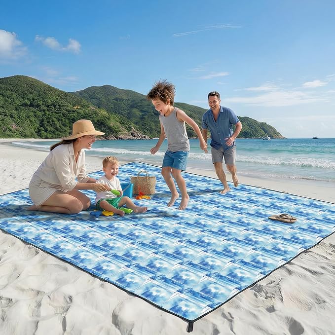 OIGAE Family Beach Blanket, 7×8 ft Sand-Free Picnic Mat for 1–4 People, Quick-Dry Lightweight Outdoor Blanket with Stakes & Corner Pockets, Sailing Boat