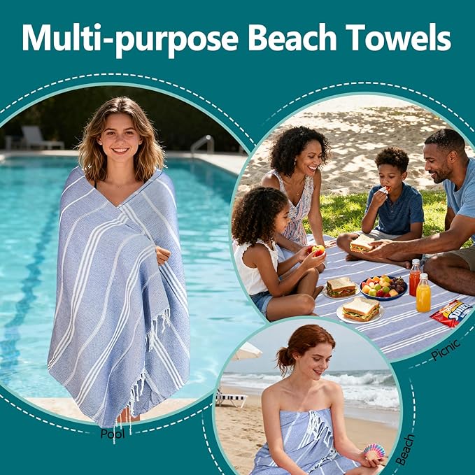 YSYJ 24 Pack Turkish Beach Towel 36"x71" Beach Towels Oversized Bath Towels Sand Free Quick Dry Turkish Towel Bulk Extra Large Pool Blanket Navy