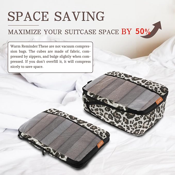 U+U 4 Set Compression Packing Cubes - Ultralight Travel Organizers, Space-Saving Suitcase Organizer, Expandable Packing Organizers for Travel Essentials (Leopard)
