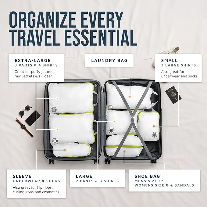 Large Compression Packing Cubes for Travel-Packing Cube Luggage Organizers 7 Piece Set for Checked Luggage-Ultralight, Expandable/Compression Bags by TRIPPED Travel Gear (White/Green)