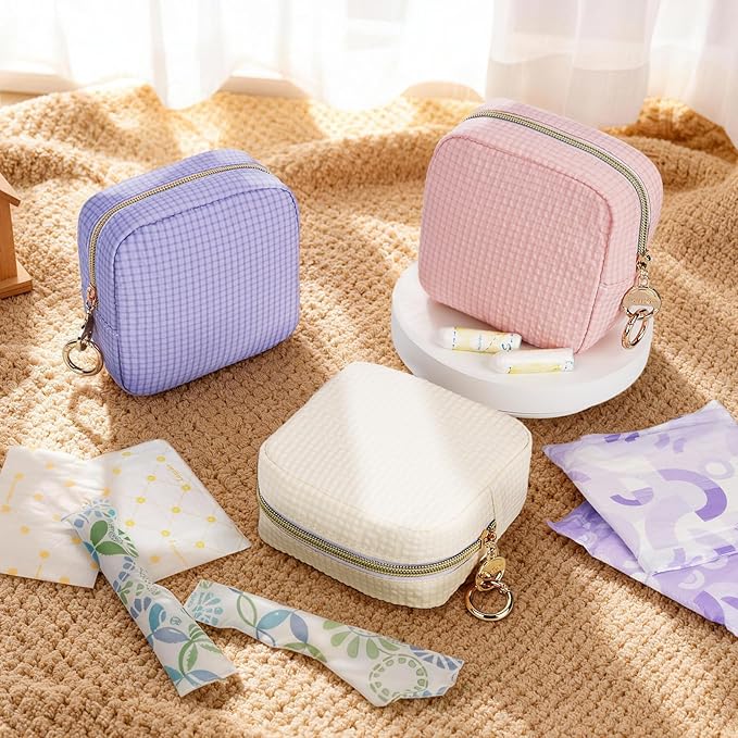 Plaid Period Bag, Small Period Pouches for Teen Girls, Quilted Sanitary Napkin Storage Bag, Compact Discreet Pad and Tampon Holder for Purse (Mini Plaid-Beige)