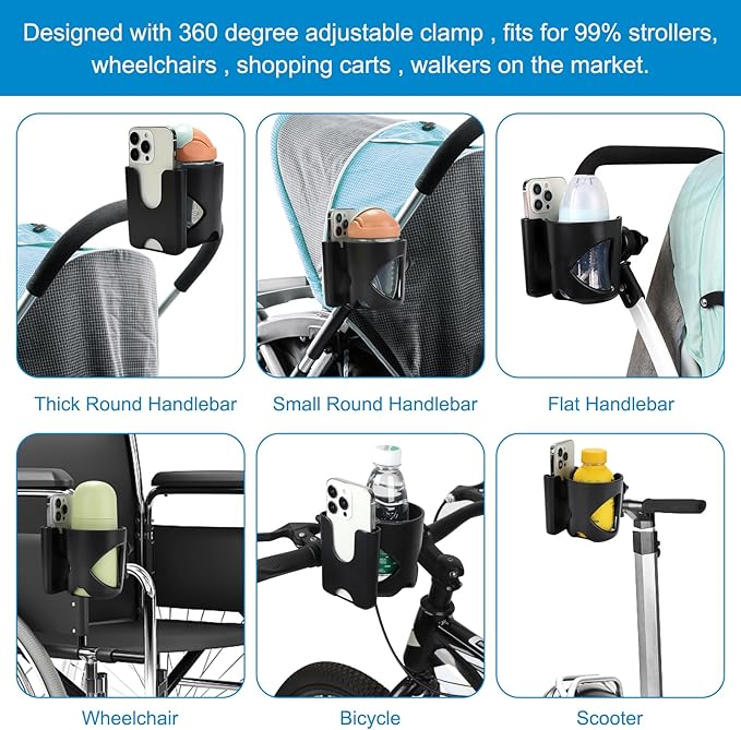 Accmor Stroller Cup Holder with Hook, Universal Cup Holder for Walker Wheelchair Bike, 360° Rotatable Stroller Cup Holder Attachment Accessories for Walker, Wheelchair, Scooter