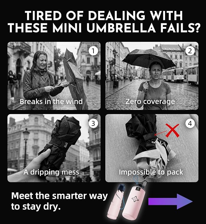 Travel Mini Umbrella Compact Small & Lightweight, UV Rain Protection, Pocket-Sized Folding Umbrellas with Quickdraw & Case for Men Women & Kids Backpack