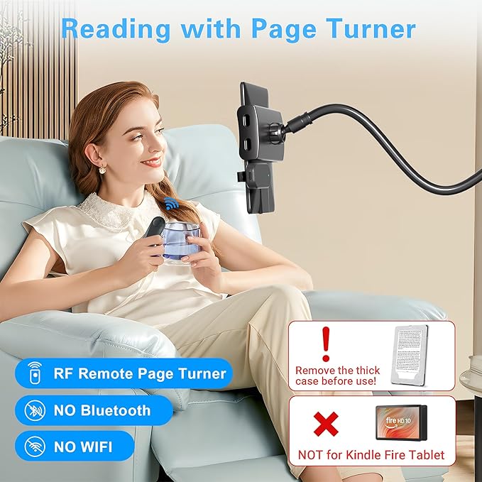 Kefotic Gooseneck Tablet Holder for Kindle Reading in Bed with Page Turner Remote, Hands Free Desk Bedside Lazy Arm Stand for Kindle Accessories, Gifts for Readers