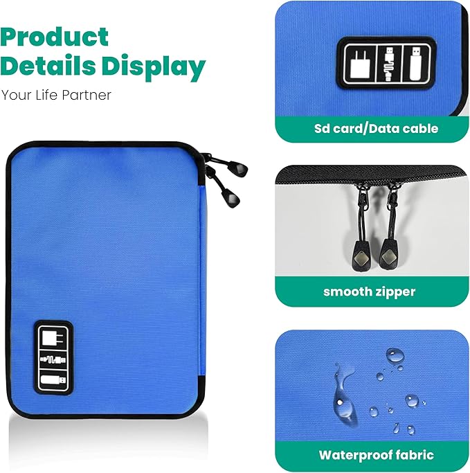 Cord Organizer Travel, Electronics Organizer Tech Pouch - Portable Cable Organizer Bag for Cords, Charger, Phone, SD Card, Power Bank for Travel & Daily Use -Royal Blue Green