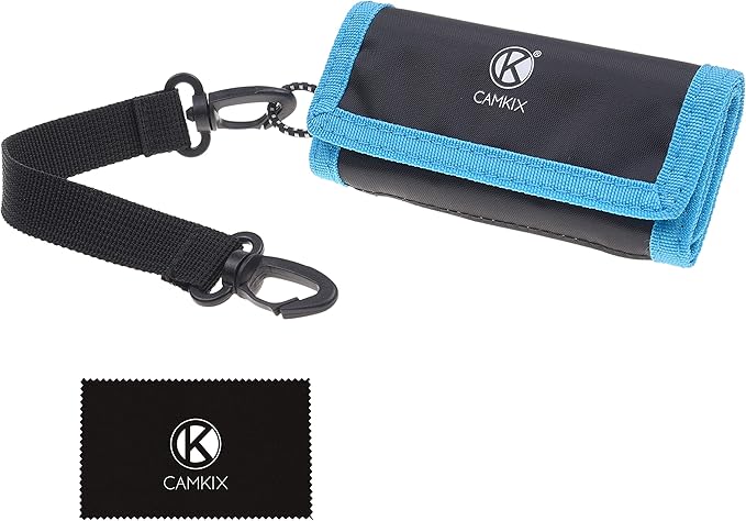 Memory Card Wallet - SD Card Storage - Slim and Foldable with Transparent Slots - Can Carry Up to 15 SD Cards - Straps with Tether Included - (Black/Blue)