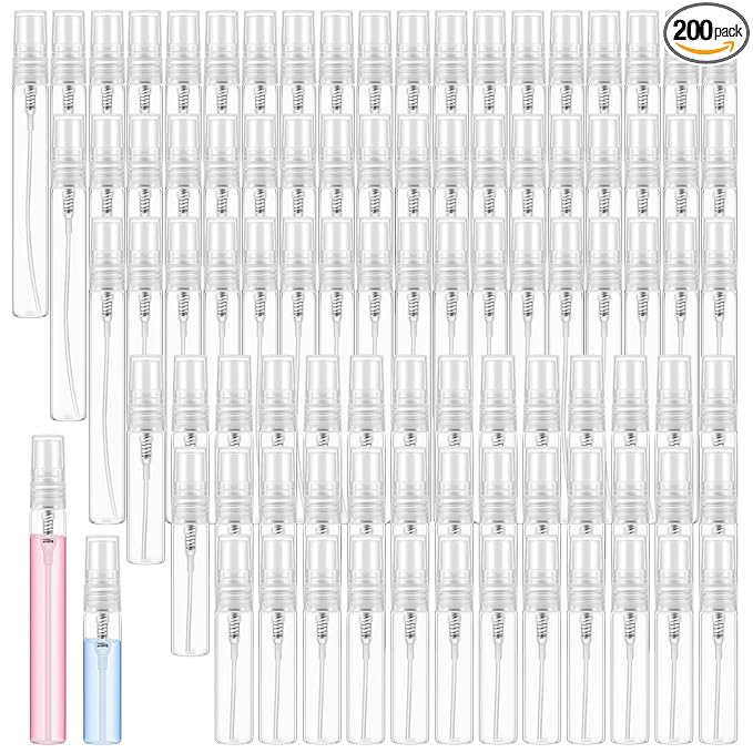 Zhehao 200 Pcs Mini Spray Bottles 5 ml, 10 ml Clear Glass Perfume Bottles Refillable Fine Mist Perfume Atomizer Portable Empty Sample Containers for Cleaning, Essential Oils, Travel (Clear Cap)