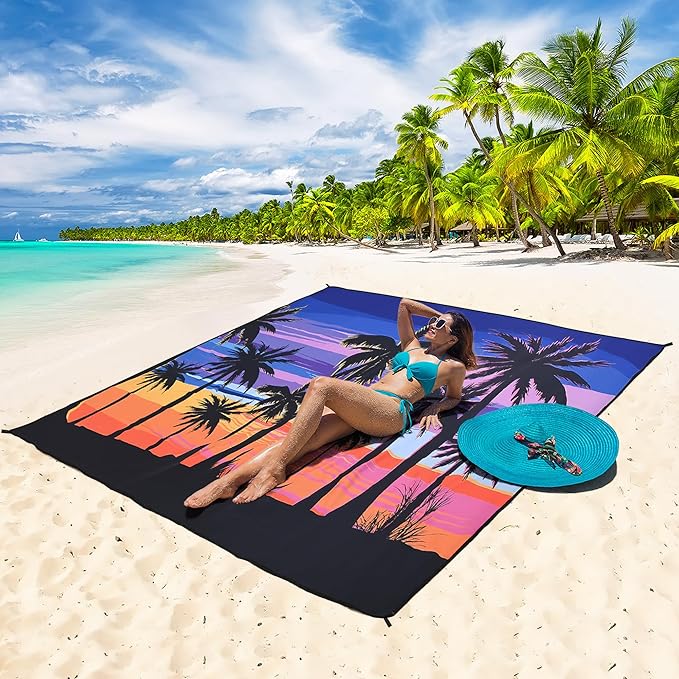 HIHOHO Beach Blanket Waterproof Sandproof Beach Mat 79”x 83” for 1-8 Adults Quick Drying Durable Outdoor Picnic Mat for Beach Festival Travel Camping Hiking (Color Cocotree, 79"×83"(4 Person))