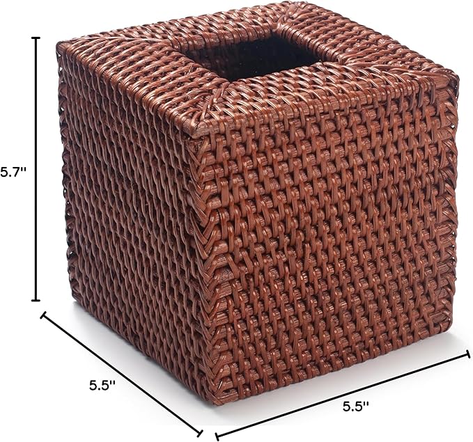 Square Rattan Tissue Box Cover, Hand Woven Wicker Tissue Holder, 5.5 x 5.5 X 5.7 inches, Honey Brown