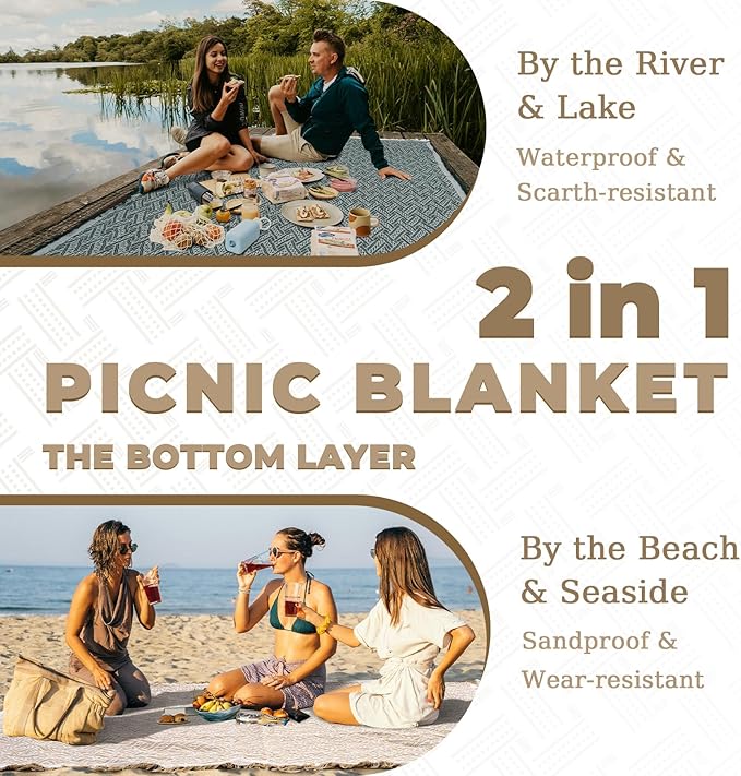Genovega 2 in 1 Extra Large 80"* 80" Rug Picnic Blankets Waterproof Outdoor Beach Blanket Foldable Camping Mat Supplies Europe Travel Accessories Hawaii Necessities Hiking Items Yellow