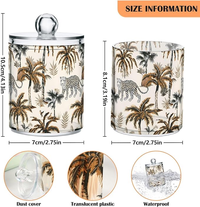 2 Pack Qtip Holder Organizer Dispenser Leopard Palm Trees Bathroom Storage Canister Cotton Ball Holder Container for Cotton Pads/Swabs/Floss