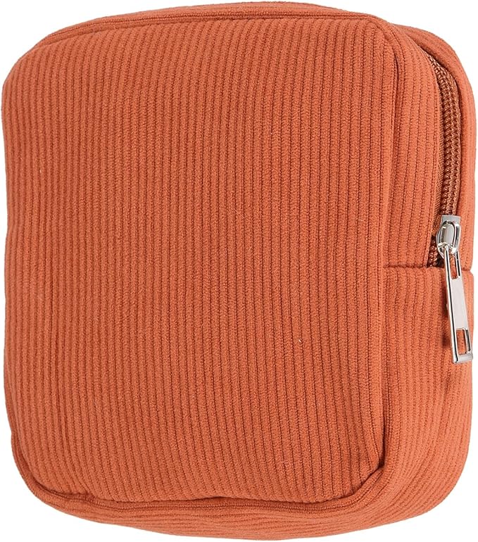 uxcell Period Bag for Teen Girls Women, Portable Corduroy Sanitary Towel Compact Cute Pouch with Zippers, Small Pouch Napkin Storage Pads Holder for Travel, Daily Use, Purse, Brown