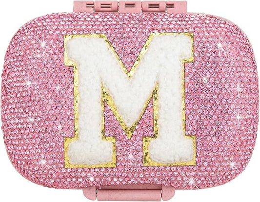Cute Pill Organizer Small Bling Pill Case for Purse Medicine Vitamin Container Holder Daily Pill Box Container for Women Travel Medicine Kit(Letter M Pink)
