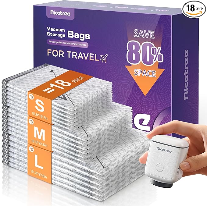 Nicetree 18-Pack Vacuum Bags for Travel with Rechargeable Pump, Compression Packing Bags for Carry-On Luggage & Suitcase, Vacuum Seal Bags for Clothing, 3 Sizes for Travel & Home Storage