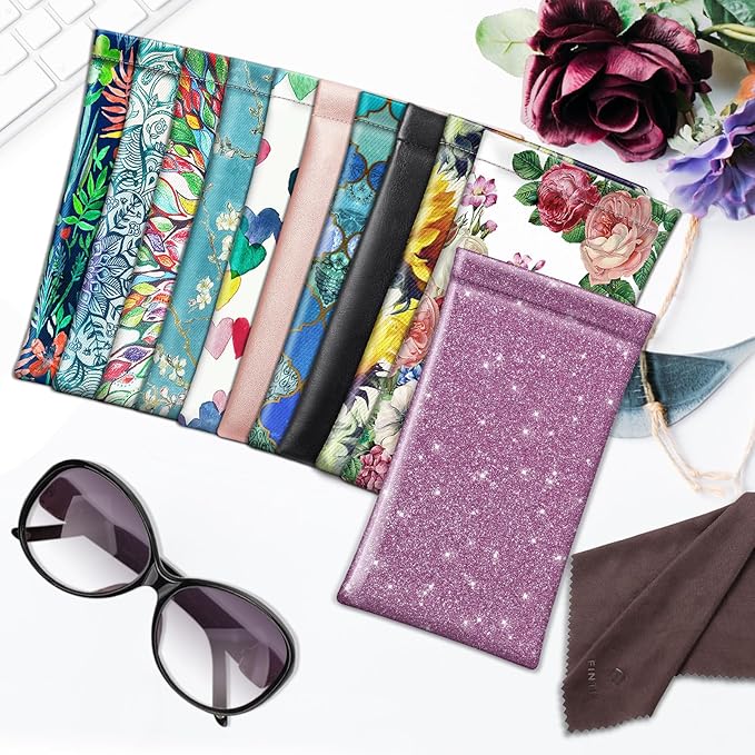 FINTIE Soft Eyeglasses Case with Cleaning Cloth, Portable Squeeze Top Vegan Leather Glasses Pouch, Sunglasses Eyewear Bag