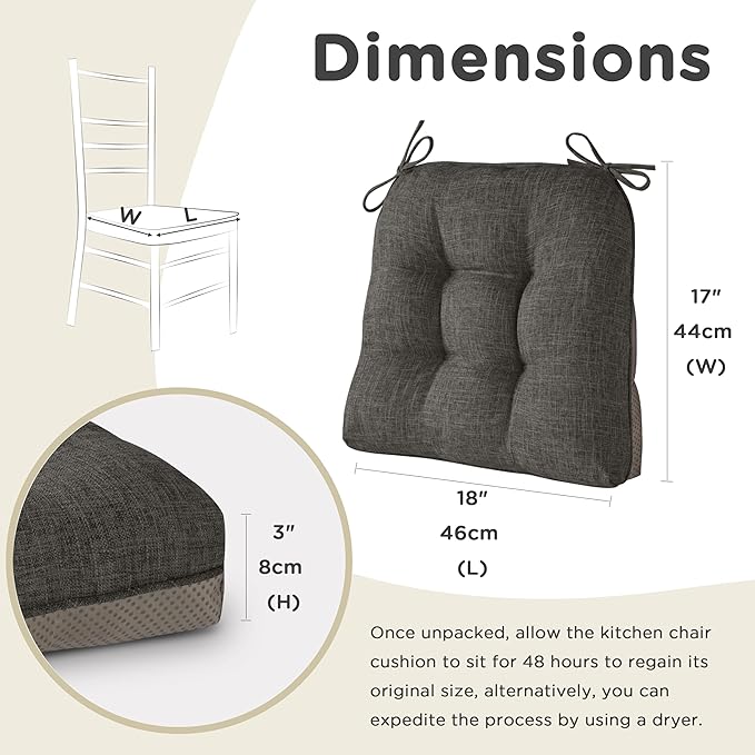 AddGrace Chair Cushions for Dining Chairs Set of 1 Kitchen Seat Cushions with Ties and Non Slip Backing Tufted Indoor Seat Pad for Kitchen Dining Room 18" x 17" x 3" Dark Grey