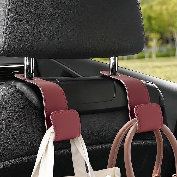 Leather Car Purse Hooks with Larger Strap Holder Purse Hook Purse Holder for car car seat Back Hooks Automotive seat Back Organizer headrest Hooks for Bags and Purse (Red, 2pcs)