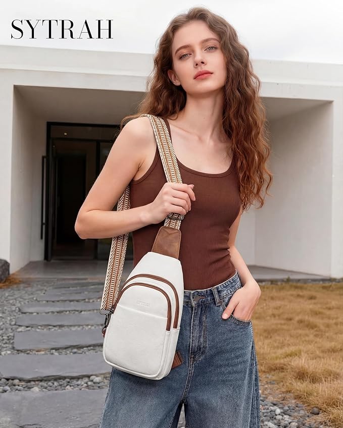 SYTRAH Sling Bag for Women, Crossbody Bags Purse for Women Trendy Vegan Leather Chest Bag with Adjustable Strap(No Anti Theft Ring),Beige Brown