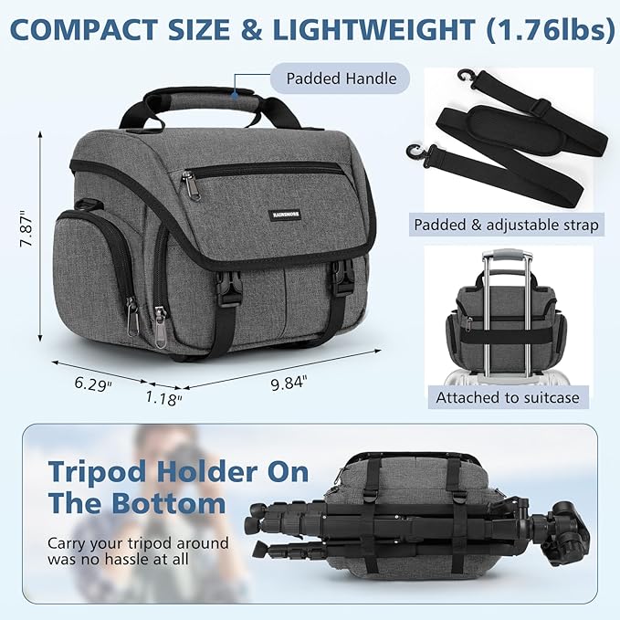 RAINSMORE Camera Bag, DSLR/SLR/Mirrorless Camera Sling Bag for Photographers Waterproof Small Camera Case with Tripod Holder & Rain Cover Camera Crossbody Bag for Canon/Nikon/Sony/Fuji, Grey