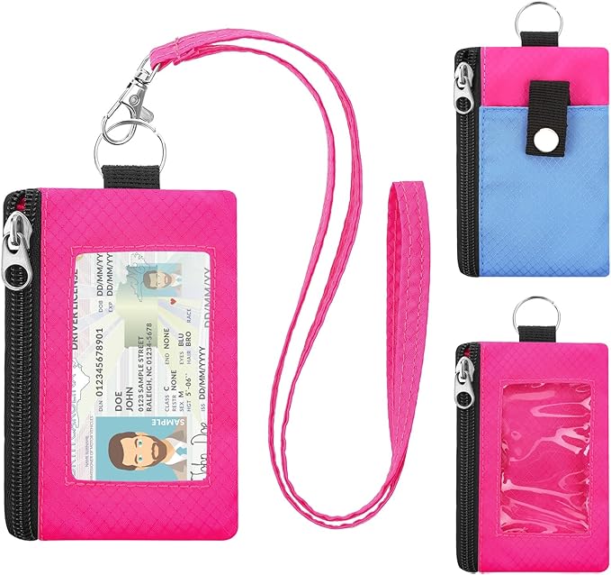 Minimalist RFID Blocking Wallet with Lanyard, Functional ID Case with 2 Zipper Pockets and Key Chain for Men and Women, Tactical Badge Pouch Cards Holder, Coin Purse for Travel Sports-Rose