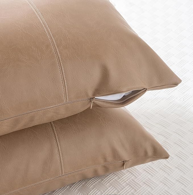 Fancy Homi Tan Long Lumbar Waterproof Faux Leather Body Decorative Throw Pillow Cover 14x36 Inch for Bedroom Couch Bed Bench, Beige Hand Stitched Cushion Case, Taupe Modern Farmhouse Room Decor