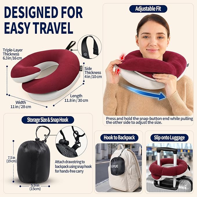 BUYUE Travel Neck Pillows for Airplanes, Memory Foam 360° Head Support Sleep for Long Flight, Skin-Friendly & Breathable, Kit with Eye Mask, Earplugs and Storage Bag (Adult, Red, 90+ lbs)