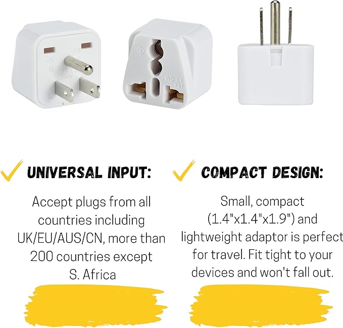 Bates- Universal Travel Plug Adapter, 2 Pack, Converts EU/UK/AU/Asia Plugs to USA Outlet, Europe to US Plug Adapter, UK to US Outlet, Compact Design for Home, Office