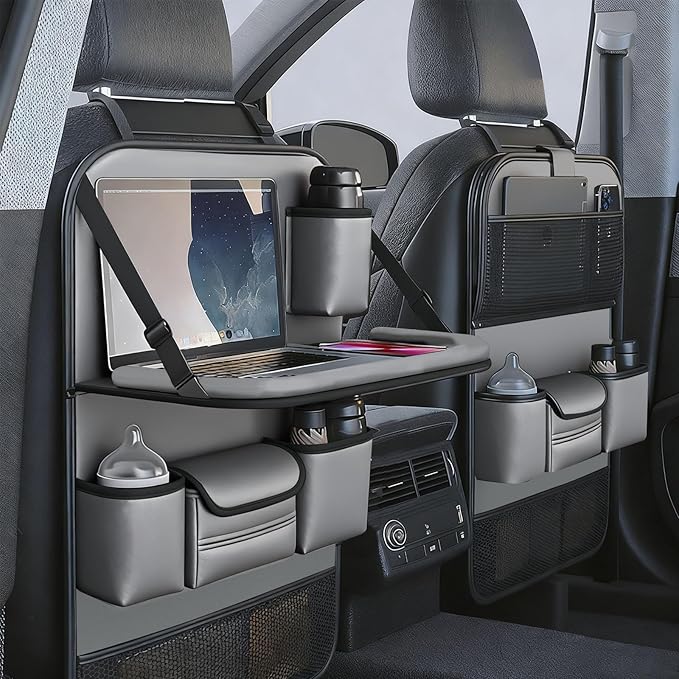 2 Pack Leather Car Backseat Organizer with Foldable Table Tray, Universal Car Seat Back Protector Kick Mat with Touchscreen Tablet Holder, Storage Pockets, Cup Holders & Tissue Holder, Black