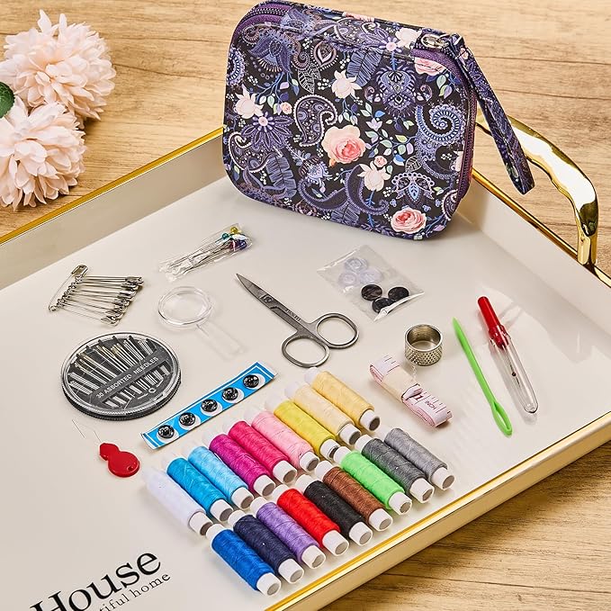 Purple Cute Travel Sewing Kit with 87PCS Accessories | Printing Sewing Kit Bag with 18 Colors Sewing Thread, Basic Professional Sewing Supplies for Beginners & Emergency