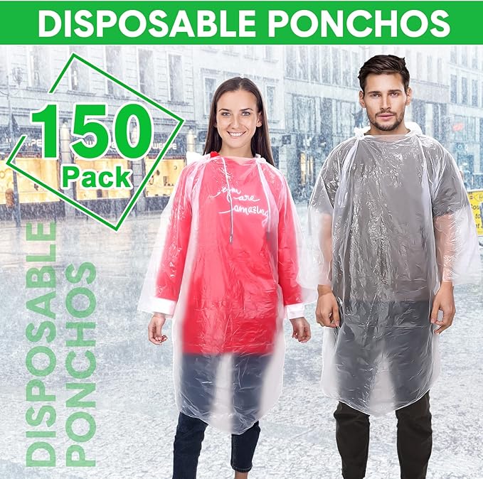 Pasimy 150 Pcs Disposable Rain Ponchos Bulk for Adults Emergency Ponchos with Hood for Man Women Travelling Camping Hiking