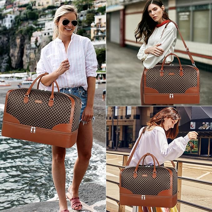 ITIEZY Weekender Overnight Bag for Women - Large Travel Duffel Bag with Shoe Compartment, Gym Duffel Bag Hospital Bag Carry On Tote Bags for Airplanes with Crossbody Bag Toiletry Bag 3Pcs Set