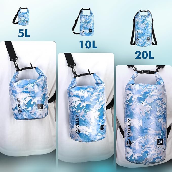 VILLEY Dry Bag Waterproof 5L Roll Top Storage Backpack, Keeps Gear Dry Lightweight Backpack for Kayaking Boating Camping Swimming and Beach Accessories Blue Camo